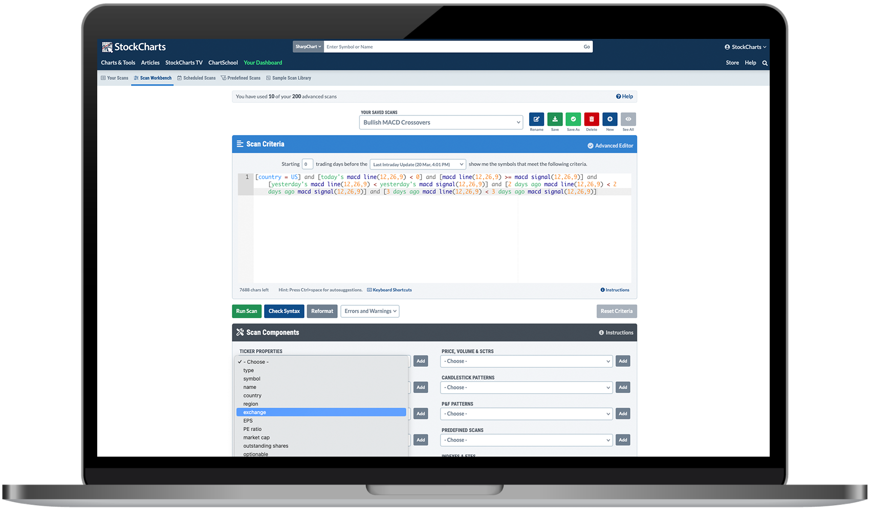 StockCharts scan engine screening stocks